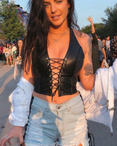 Sexy Punk Y2K Black Leather Crop Top Womens  Hollow Backless camisole Summer Vest Fashion Club Party Wear Tank Tops